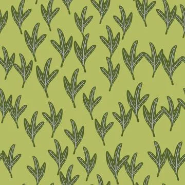 Random seamless pattern with little green abstract leaf silhouettes. Light gr Stock Illustration
