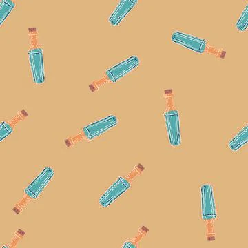 Random seamless pattern with magic potion bottle blue elements. Beige backgro Stock Illustration