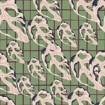 Random seamless pattern with marble pink monstera leaf shapes. Pink falm foli Stock Illustration