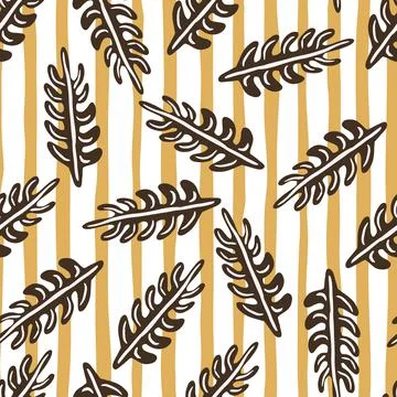 Random seamless pattern with maroon outline leaf branches shapes. Orange and  Illustrazione stock