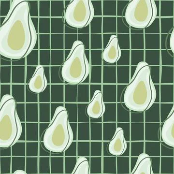 Random seamless pattern with natural avocado elements print. Green chequered  イラスト素材