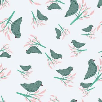 Random seamless pattern with navy blue bird silhouettes on branches leaves. P Stock Illustration