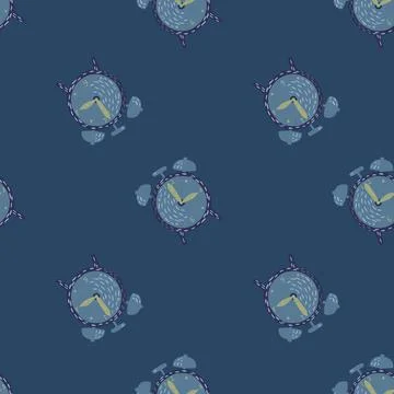 Random seamless pattern in navy blue colors with retro alarm clock elements.  스톡 일러스트