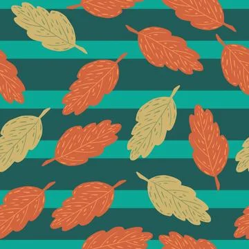 Random seamless pattern with orange and beige colored fall foliage. Blue stri 스톡 일러스트