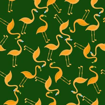 Random seamless pattern with orange flamingo silhouettes ornament. Green brig Stock Illustration