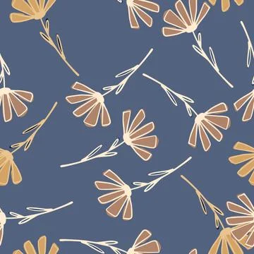 Random seamless pattern with outline beige flower elements. Blue pale backgro Illustrazione stock