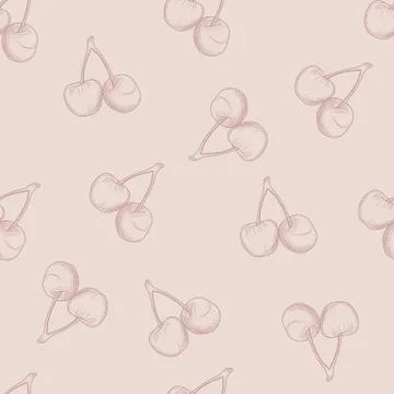 Random seamless pattern with outline cherry ornament. Pastel pink tones desig 스톡 일러스트