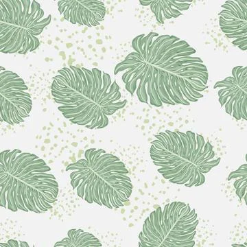 Random seamless pattern with pale green monstera leaf silhouettes. Grey backg Illustrazione stock