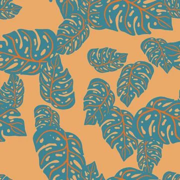 Random seamless pattern with pale navy blue monstera shapes print. Beige back Illustrazione stock