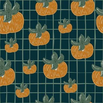 Random seamless pattern with pale orange persimmon elements. Navy blue cheque 스톡 일러스트
