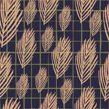 Random seamless pattern with pastel fir tree foliage elements. Navy blue cheq Stock Illustration