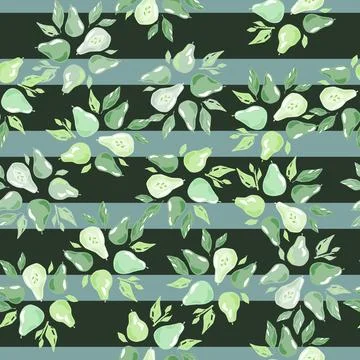 Random seamless pattern with pastel green pear and leaves shapes print. Strip 스톡 일러스트