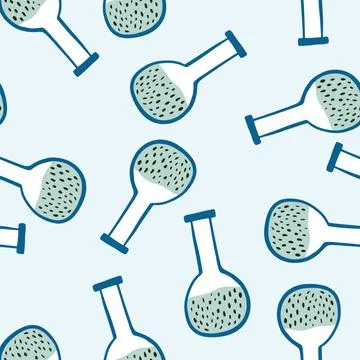 Random seamless pattern in pastel palette with flasks. Light background. Scho Stock Illustration