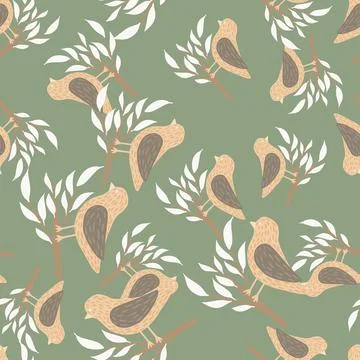 Random seamless pattern in pastel tones with beige birds on branches. Green o Illustrazione stock