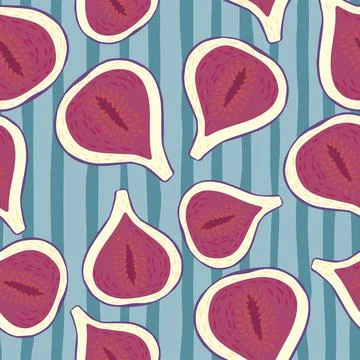 Random seamless pattern with pink colored hand drawn fig elements. Blue strip イラスト素材