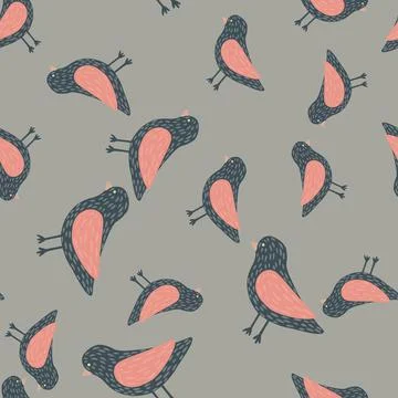 Random seamless pattern with pink colored birds elements print. Grey backgrou Stock Illustration