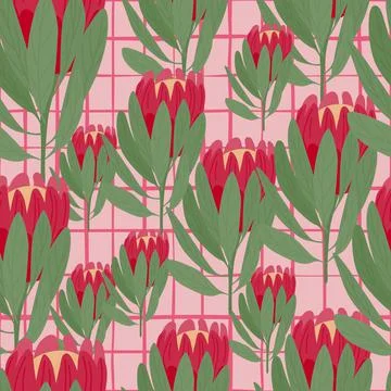 Random seamless pattern with pink protea hand drawn elements. Flower artwork. Stock Illustration