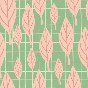 Random seamless pattern with pink simple leaf shapes. Green chequered backgro Illustrazione stock