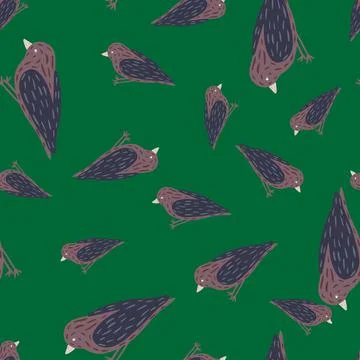 Random seamless pattern with purple and navy blue colored birds print. Green  Illustrazione stock