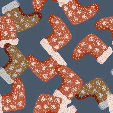 Random seamless pattern with red snowflakes ornament gift socks. Blue pastel  Stock Illustration