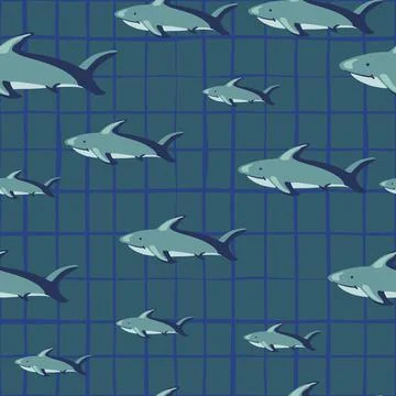 Random seamless pattern with shark fish silhouettes. Grey chequered backgroun 스톡 일러스트