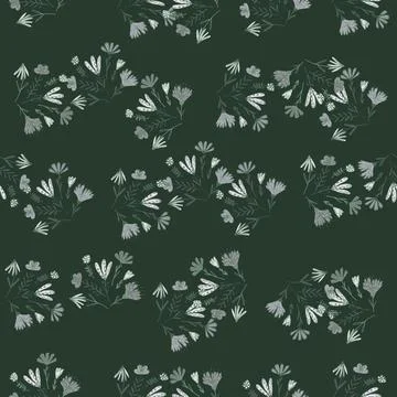 Random seamless pattern with simple daisy flower bouquet ornament. Dark tones Stock Illustration