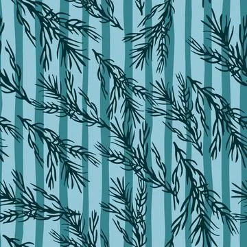 Random seamless pattern with simple hand drawn rosemary shapes. Blue striped  Stock Illustration