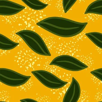 Random seamless pattern with simple hand drawn green leaf shapes print. Yello Illustrazione stock