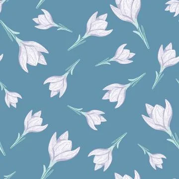 Random seamless pattern with simple light crocus flower elements. Turquoise b イラスト素材