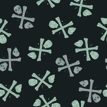 Random seamless pattern with simple skeleton skull and bone ornament. Black b Stock Illustration