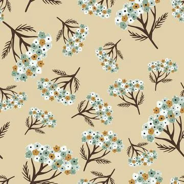 Random seamless pattern with simple yarrow silhouettes. Beige background. Bot Stock Illustration