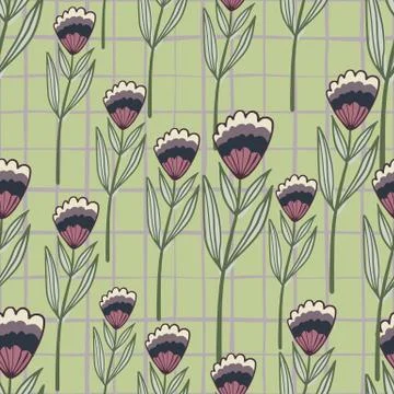 Random seamless pattern with vintage outline flowers. Folk botanic ornament i 스톡 일러스트