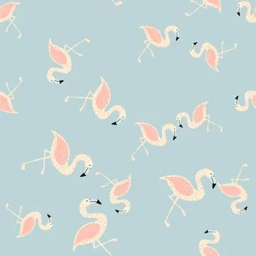 Random seamless pattern with white and pink colored flamingo ornament. Blue b Stock Illustration