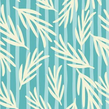 Random seamless pattern with white organic rosemary ornament. Blue striped ba Illustrazione stock