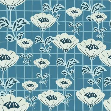 Random seamless pattern with white random folk flowers print. Blue checkuered Stockillustratie