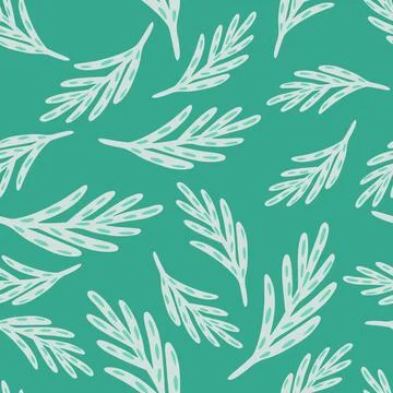 Random seamless pattern with white simple leaf twigs ornament. Turquoise brig Illustrazione stock