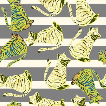 Random seamless pattern with yellow random tiger hand drawn ornament. Simple  イラスト素材