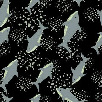 Random seamless sea pattern with blue shark ornament. Black background with s 스톡 일러스트