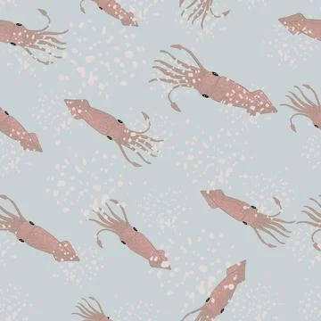 Random seamless seafood pattern with doodle squid silhouettes. Pale blue back Stock Illustration