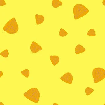 Random seamless simple pattern with orange beanie hat print. Yellow bright ba Illustrazione stock