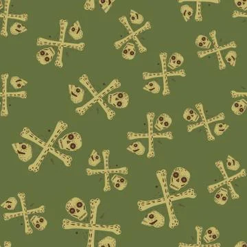 Random seamless skulls and bones pattern. Doodle pirate symbol on green backg 스톡 일러스트