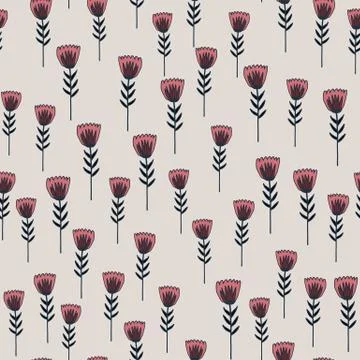 Random seamless spring pattern with green contoured flowers shapes and pink e Illustrazione stock