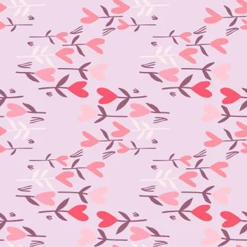 Random seamless valentine pattern with floral heart elements. Light lilac bac Illustrazione stock