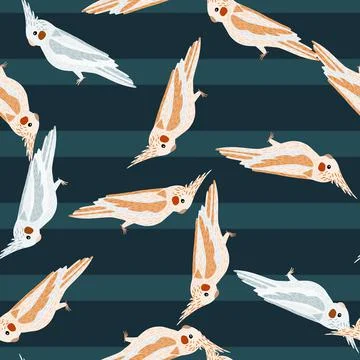 Random seamless zoo tropic pattern with light cockatoo parrot print. Dark nav Stock-Illustration