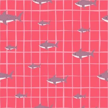 Random shark seamless pattern with pale fish shapes. Pink chequered backgroun Stock Illustration