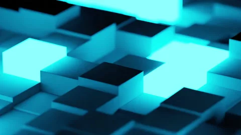 Random shifted black cubes geometrical pattern background with blue glow, min Stock Footage 168441332
