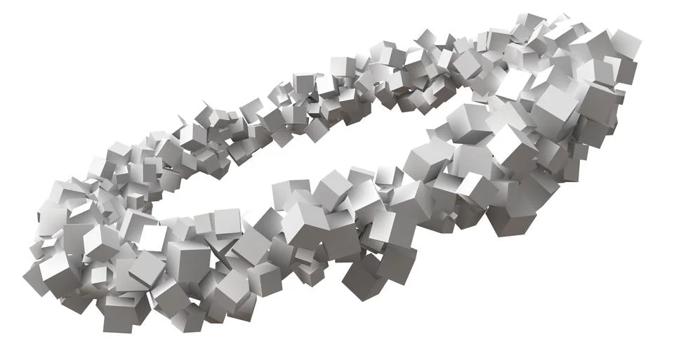 Random sized cubes rotating in eliptic orbit. Illustrazione stock