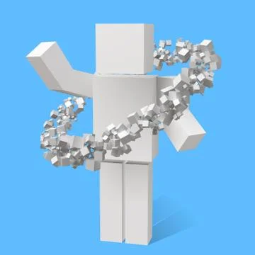 Random sized cubes rotating in eliptic orbit around cubic character Stock Illustration