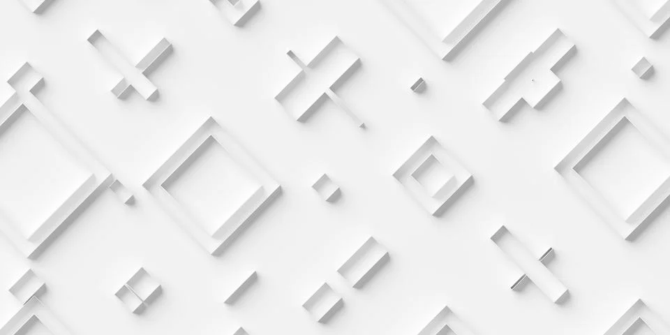 Random sized large white offset square or cube frames geometry objects back.. Illustrazione stock