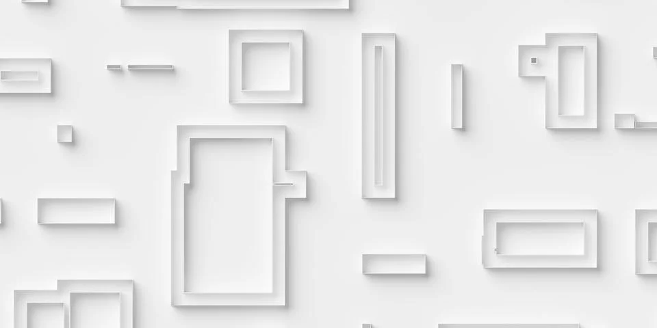 Random sized large white rectangular square or cube frames geometry objects.. Stock Illustration